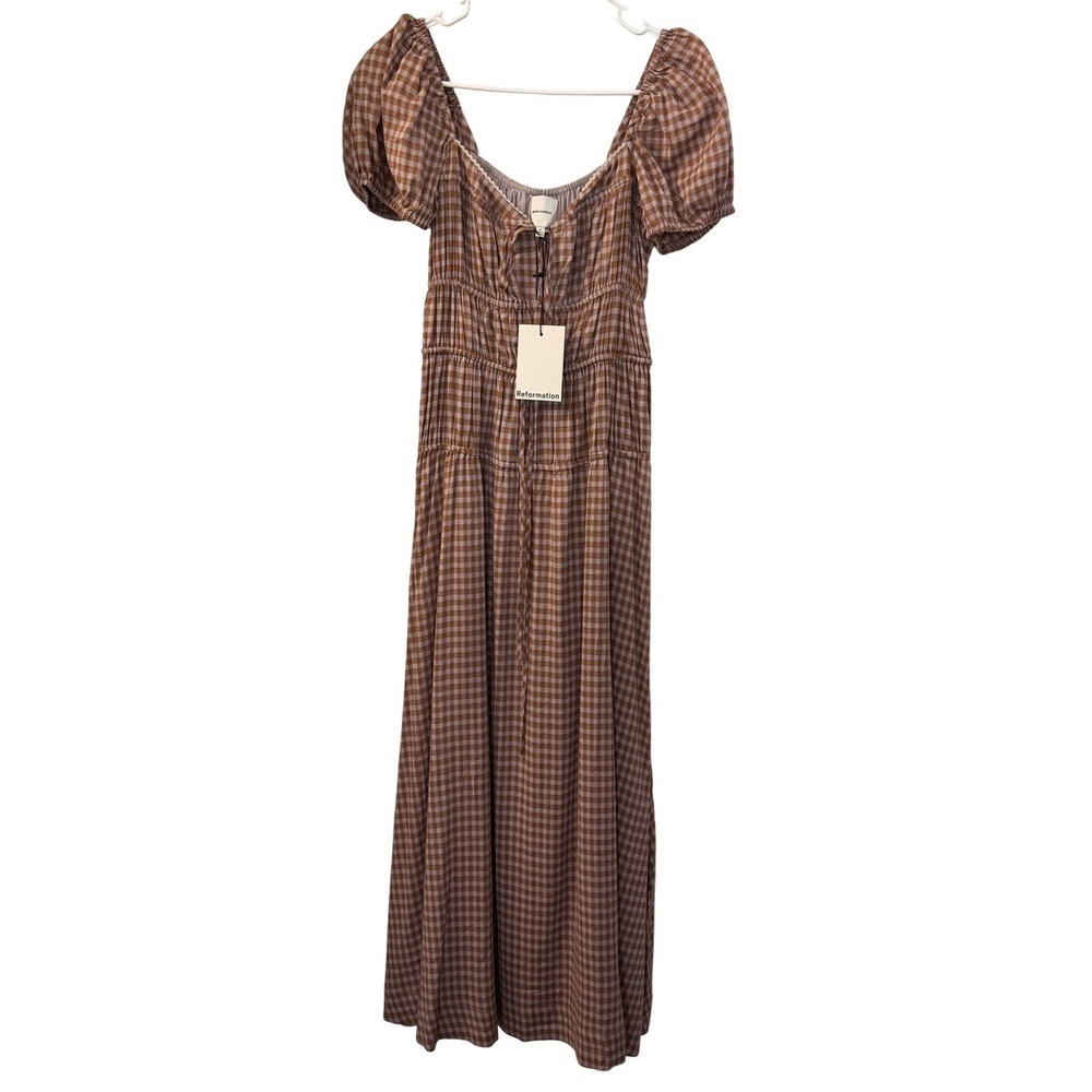 Reformation Lillet Dress Brown Gingham Check Puff Sleeve Smocked Maxi 2‎ NWT - Picture 3 of 7